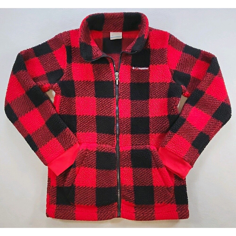 Columbia Unisex Kids L Red/Black Plaid Fleece Jacket Full Zip Pockets